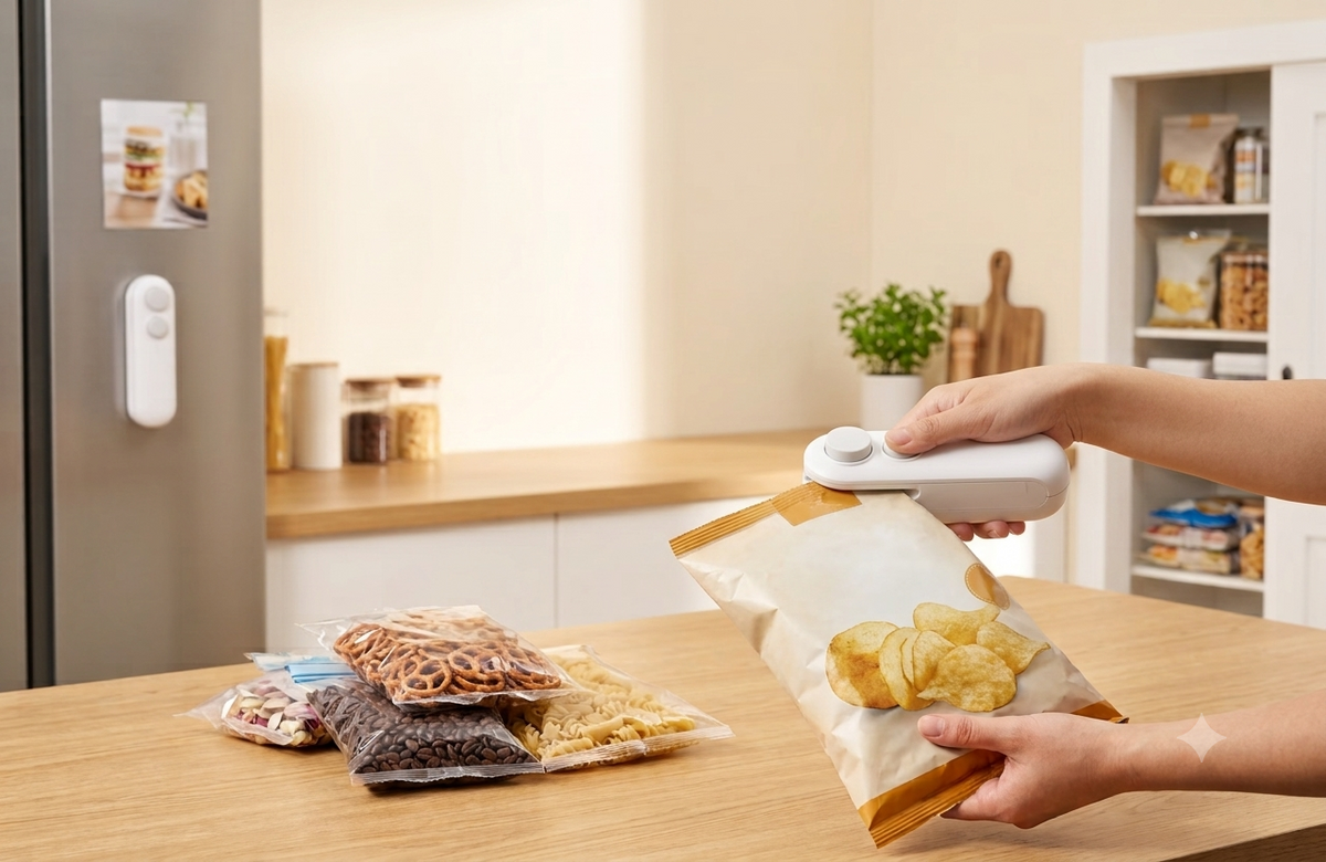 SnapSeal Mini Bag Sealer in White - in use sealing chips bag